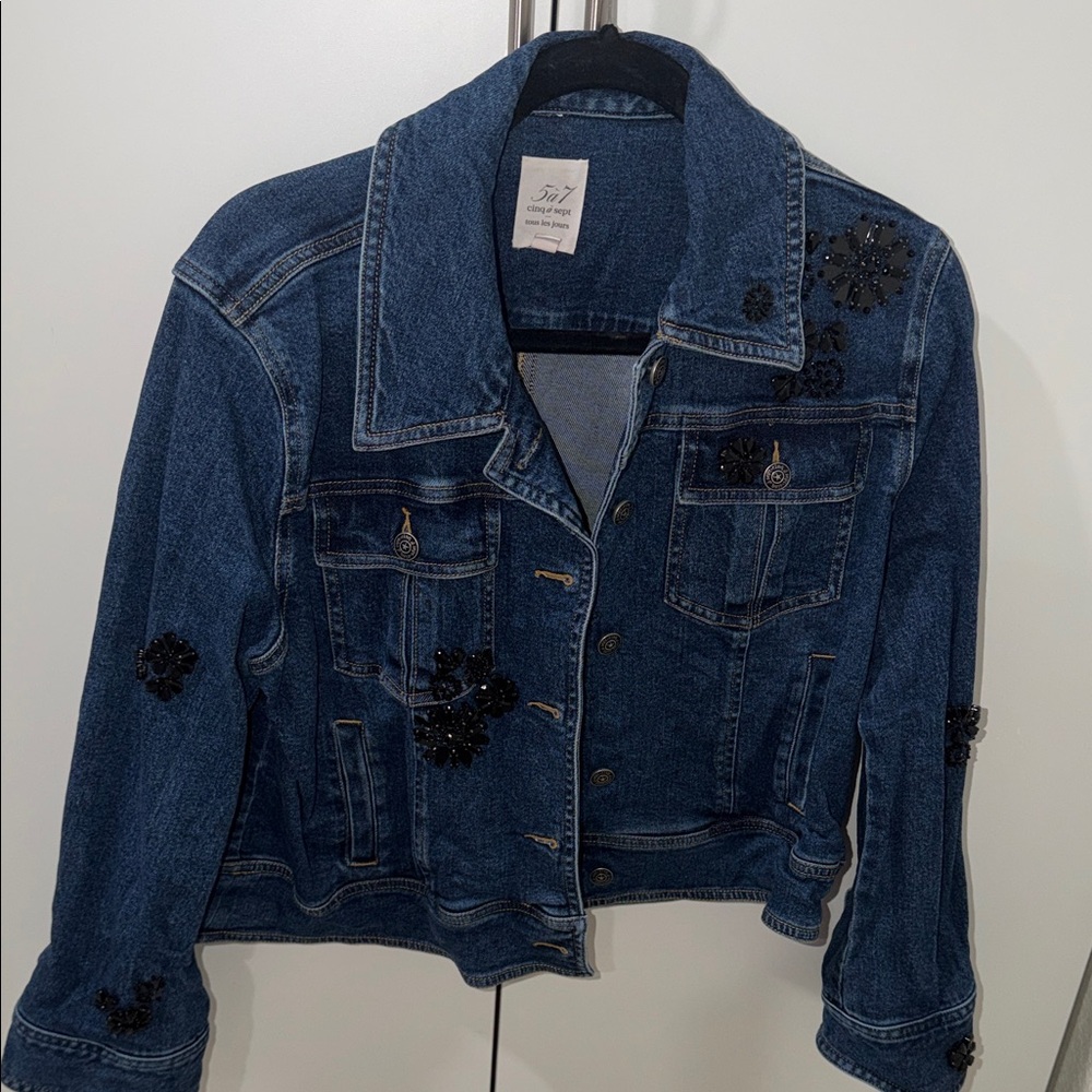 Cinq à Sept Blue Denim Jacket with Black Embellishments